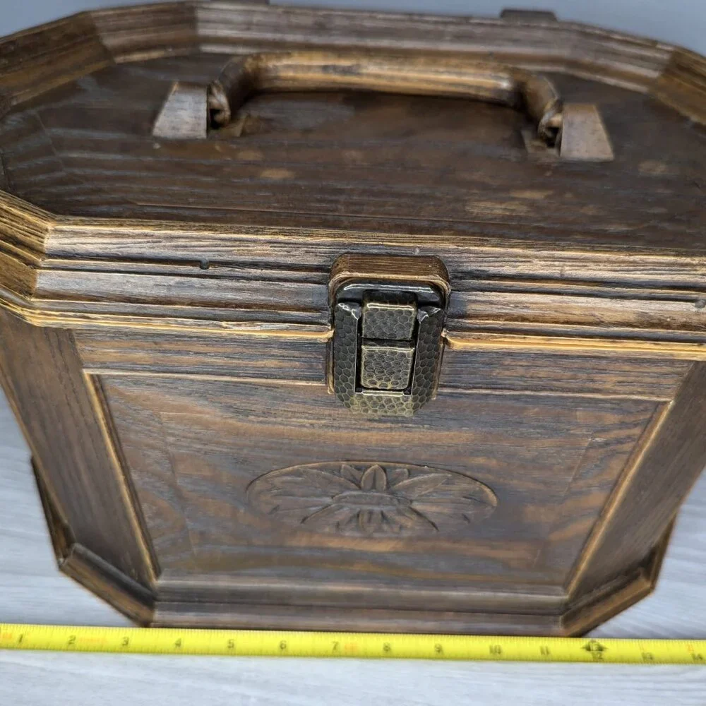 Vintage MCM Lerner Faux Wood Plastic Sewing Box w/Clear Removable Tray 9
